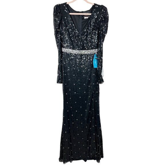 Mac Duggal Sequined Faux Wrap Puff Sleeve Trumpet Black Gown 8 #8507 - Picture 3 of 8